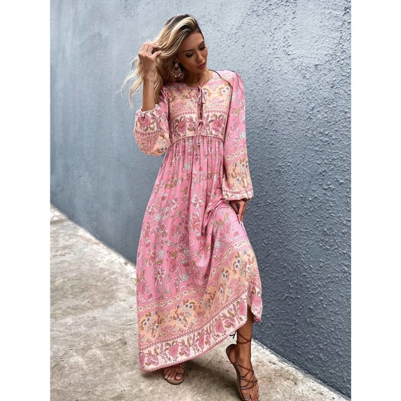 Boho Floral Print Tie Neck long sleeve Smock Dress maxi pink - Picture 6 of 8